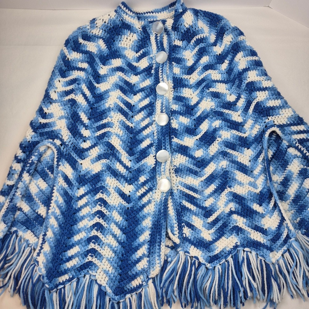 Vtg 70s 80s‎ Crochet Poncho Blue White Chevron Fringe Handmade Boho Hippie Cape - Picture 2 of 11